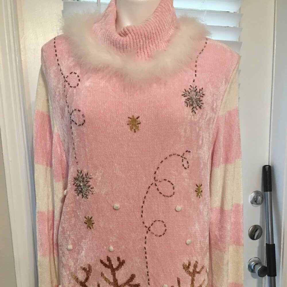 Berek Pullover Pink & Boa Christmas Sweater Size Large Vintage Sw1